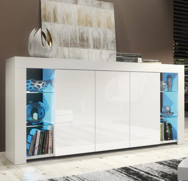 Modern white DEPOT sideboard with high gloss doors and integrated LED lights, ideal for stylish living room storage.