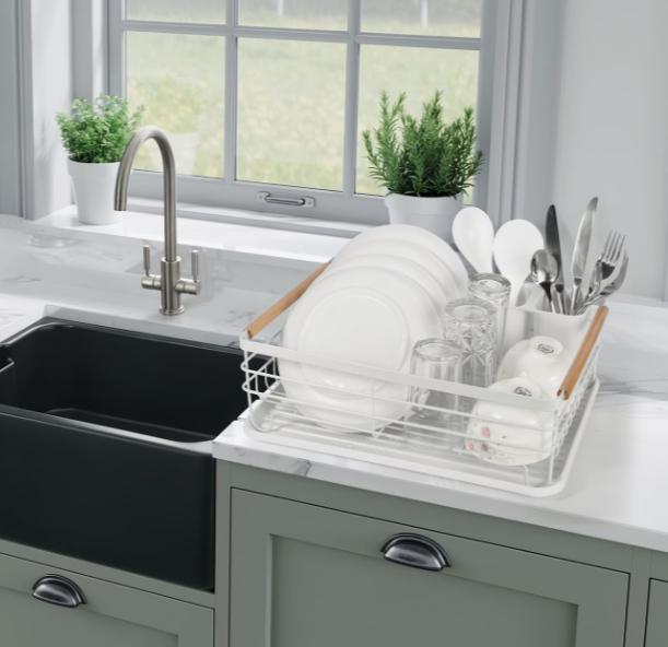 Vinsani dish drainer with wooden handles and drip tray for drying dishes, made by DEPOT.