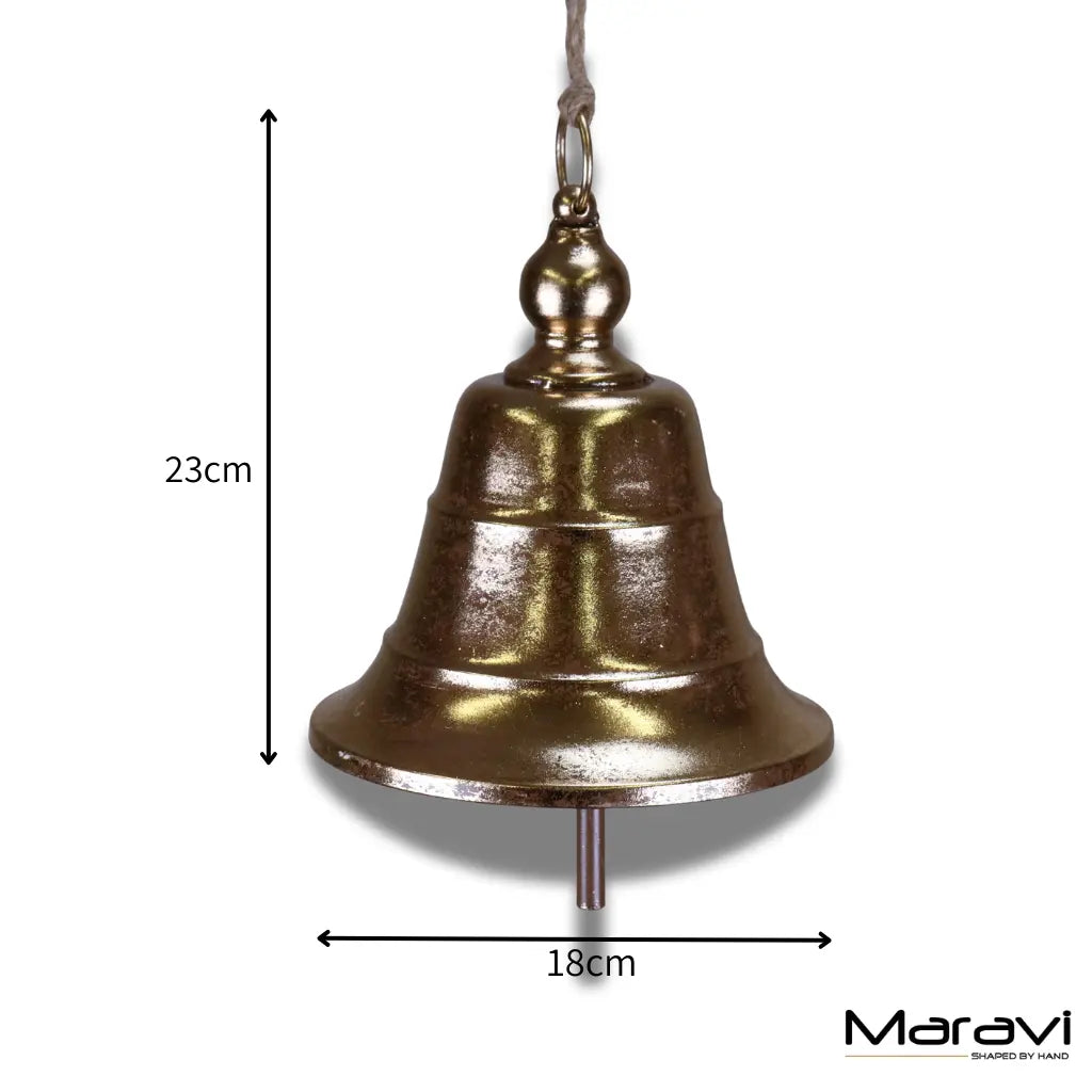 Maravi Yanika hanging gold reception bell, 20cm with a polished finish, displayed hanging on a decorative stand.
