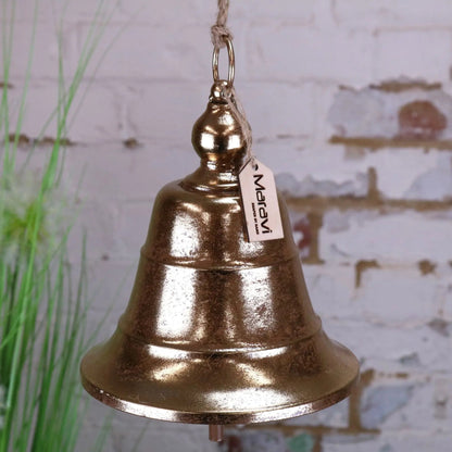 Gold Yanika hanging reception bell by Maravi, 20cm tall, with a shiny finish and decorative hanging design.