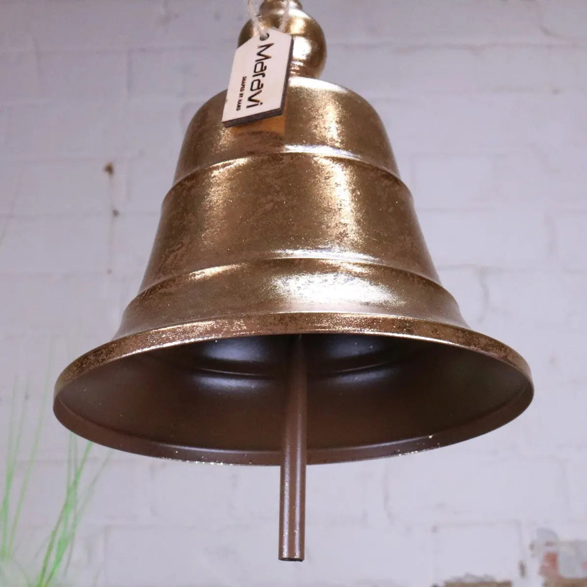 Gold Yanika hanging reception bell by Maravi, 20cm tall, featuring a stylish design and a durable hanging string.