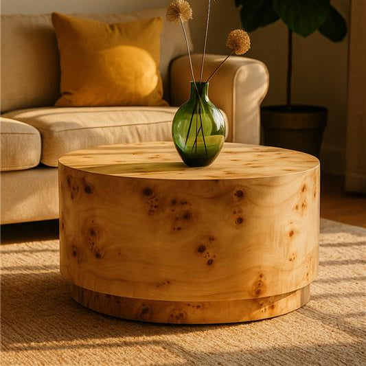 Orsina natural burl wood round coffee table with drum shape design, showcasing smooth wood grain and modern style.