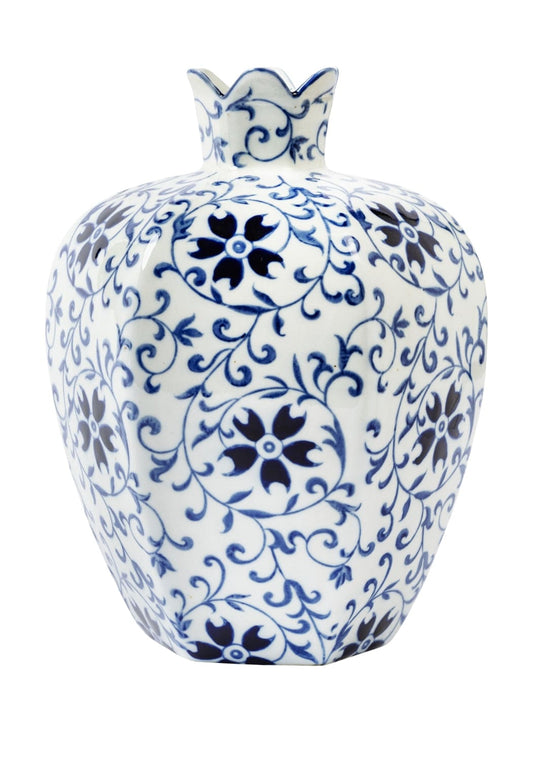 Delft Blue Alice porcelain blossom vase by Casa, featuring Chinese-inspired rounded design with floral motifs on smooth white porcelain.