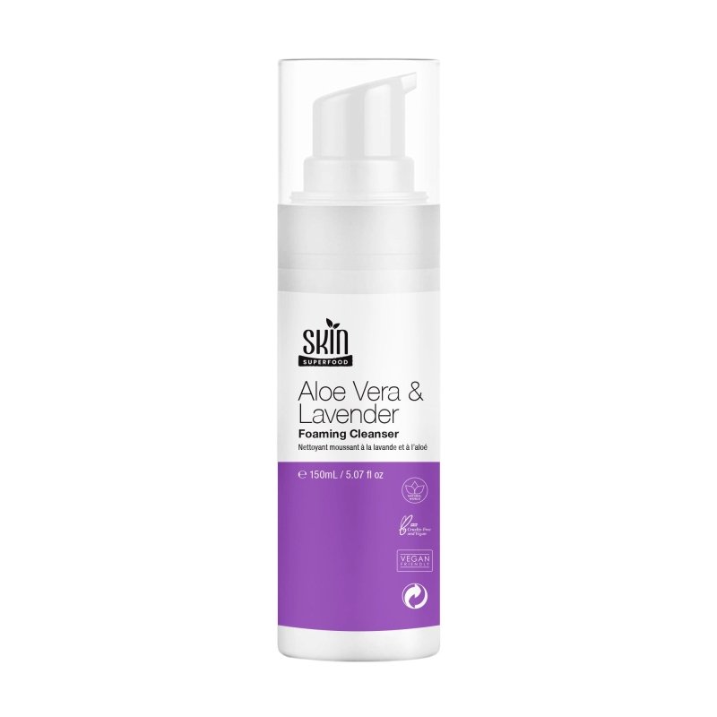 Dr Botanicals Aloe Vera and Lavender Foaming Cleanser in a 150ml bottle, showing its soft pump dispenser and clean packaging.