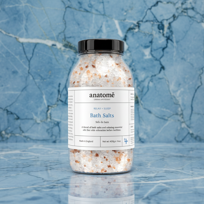 anatomē Relax + Sleep Chamomile Bath Salts in a jar, with dried chamomile flowers and salts for soothing body care and relaxation