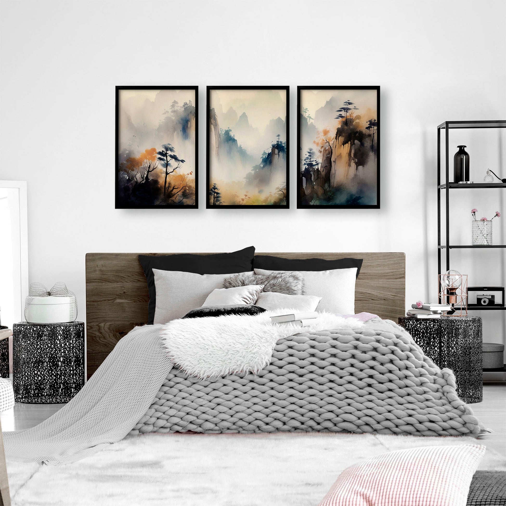 Set of 3 Asian-inspired wall art prints by About Wall Art, featuring traditional designs on textured paper.