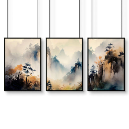 Set of 3 Asian-inspired wall art prints by About Wall Art, featuring elegant traditional designs for home decor.