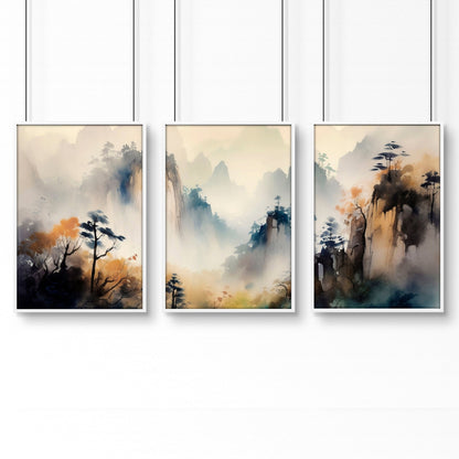 Set of 3 Asian-inspired wall art prints by About Wall Art, featuring elegant, traditional Asian motifs on textured paper.