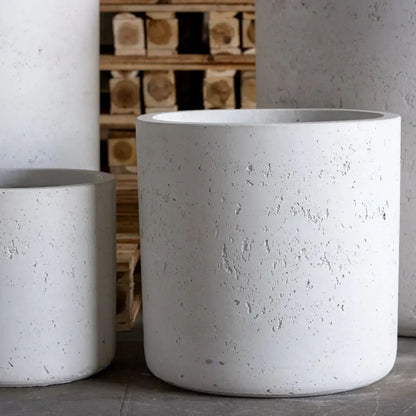 White Mist concrete cylinder planter by Jōbū Home, 30cm round medium pot for plants, 13L capacity, modern indoor or outdoor plant container.