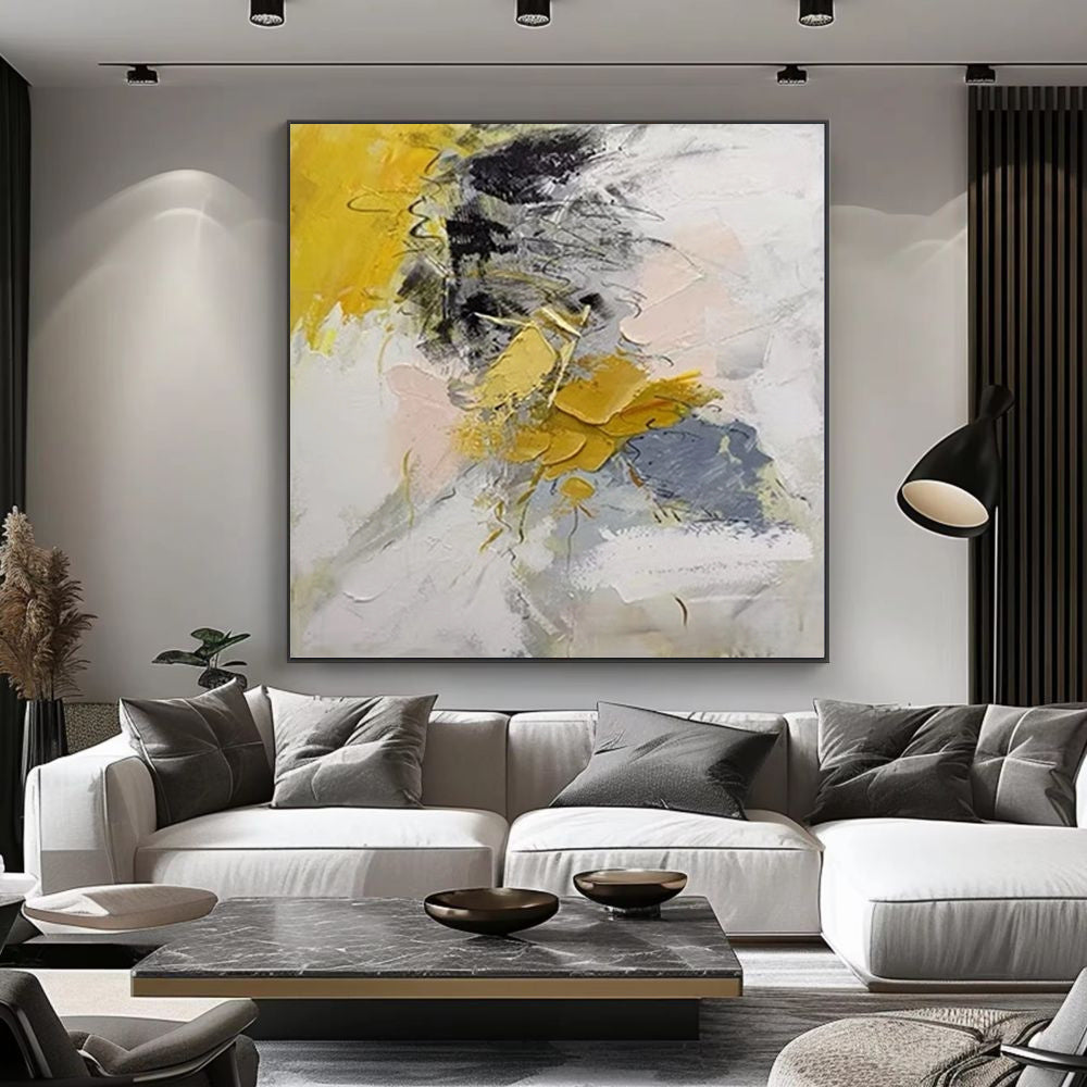 Large modern wall painting by Michan Direct, hand-painted gold abstract acrylic oil artwork on canvas for living room decor.