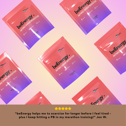beEnergy Nitric Oxide Booster from beForm Nutrition, showing a testimonial with energy, endurance, and focus benefits.
