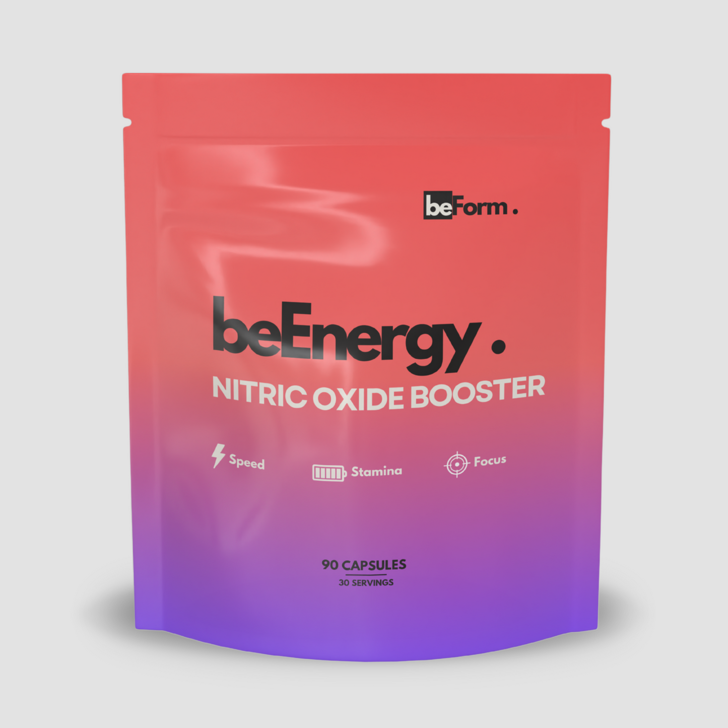 beForm Nutrition beEnergy nitric oxide booster supplement bottle, showing label and capsules for energy, endurance, and focus support