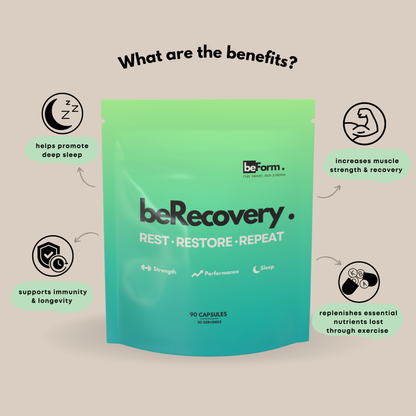 beForm Nutrition beRecovery Herbal supplement benefits for wellness and sleep support, featuring natural herbal ingredients.