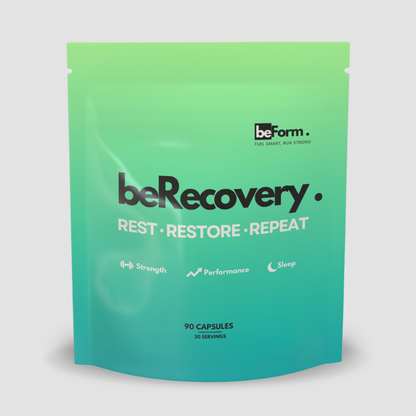 beRecovery Wellness and Sleep herbal supplement package by beForm Nutrition, featuring herbal ingredients for relaxation and rest.