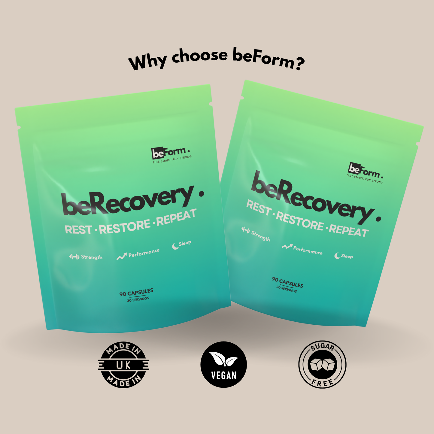 beForm Nutrition beRecovery herbal supplement for wellness and sleep support, showing the product packaging and herbal ingredients.