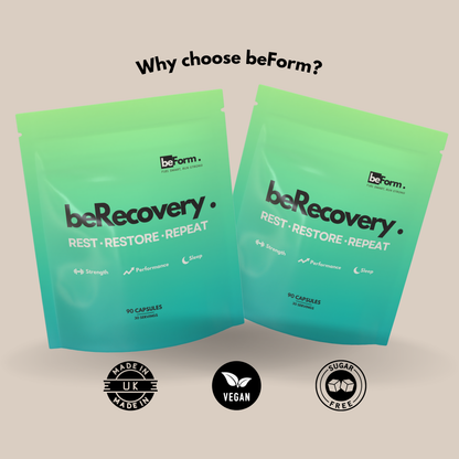 beForm Nutrition beRecovery herbal supplement for wellness and sleep support, showing the product packaging and herbal ingredients.