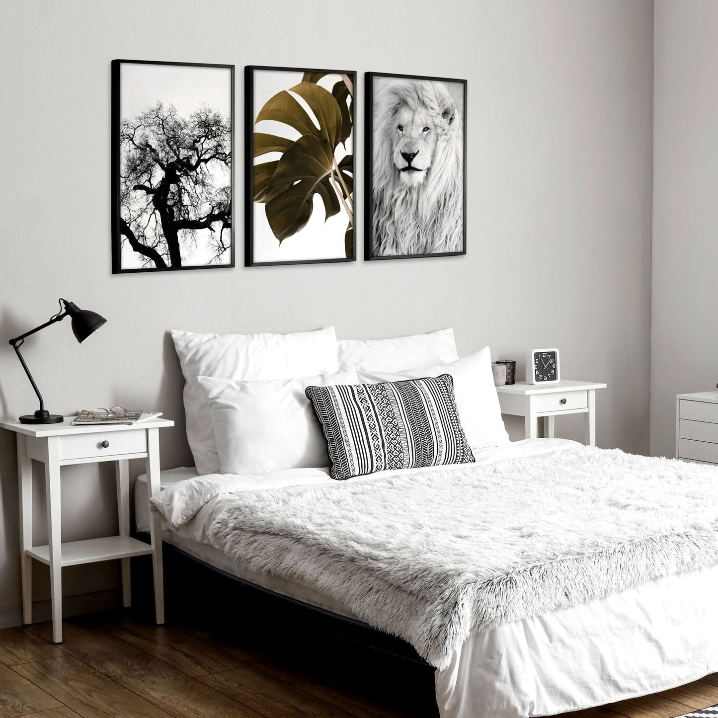 Set of 3 African wildlife bedroom wall art prints by About Wall Art, featuring vibrant animal images for bedroom decor.