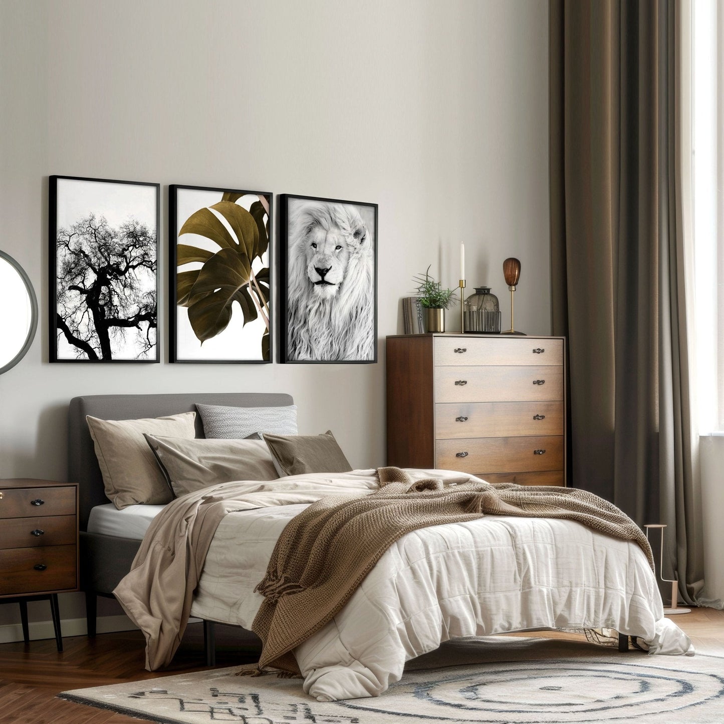Set of 3 African wildlife bedroom wall art prints by About Wall Art, featuring detailed animal illustrations for decor.