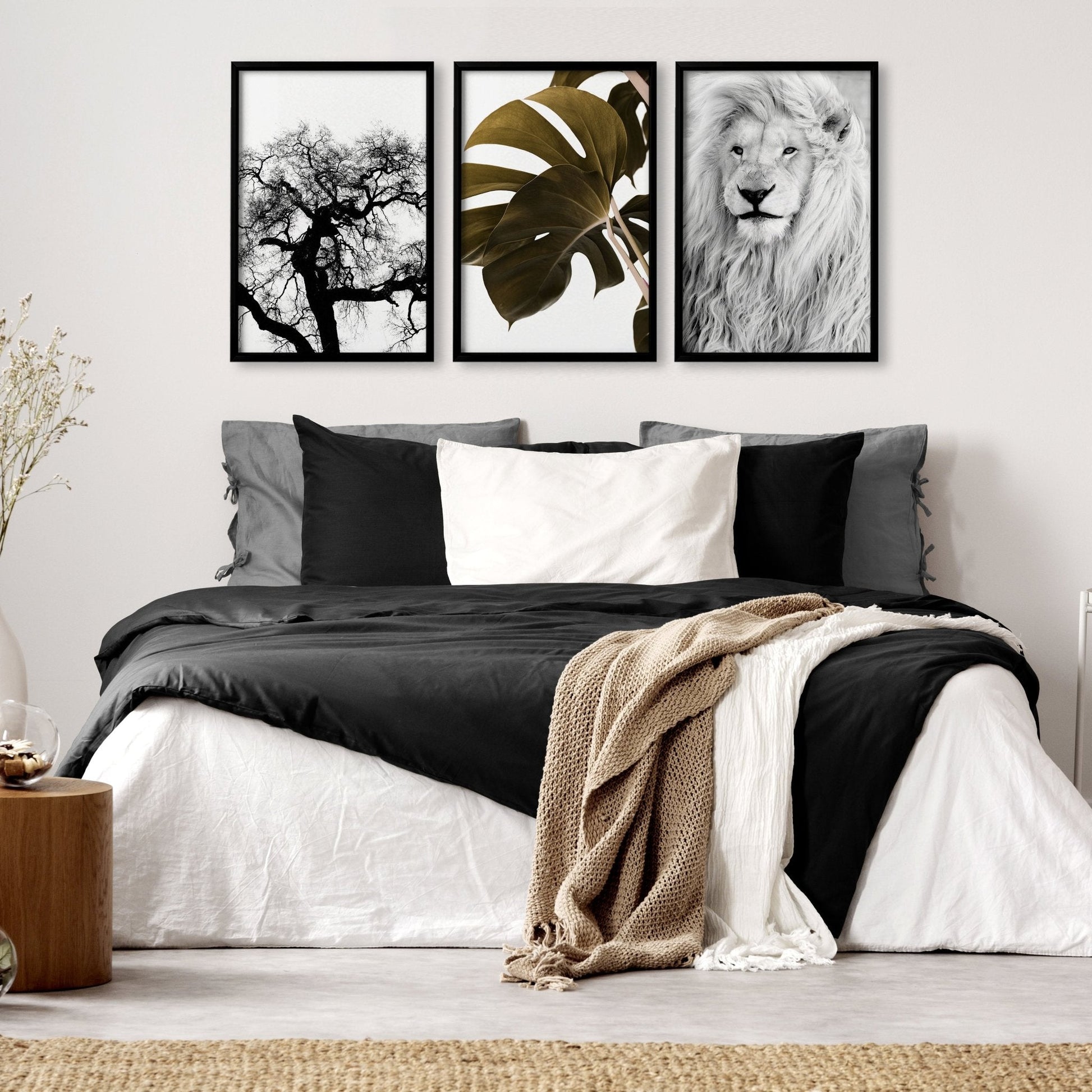 Set of 3 African wildlife wall art prints for bedroom decor, featuring detailed wildlife illustrations by About Wall Art.