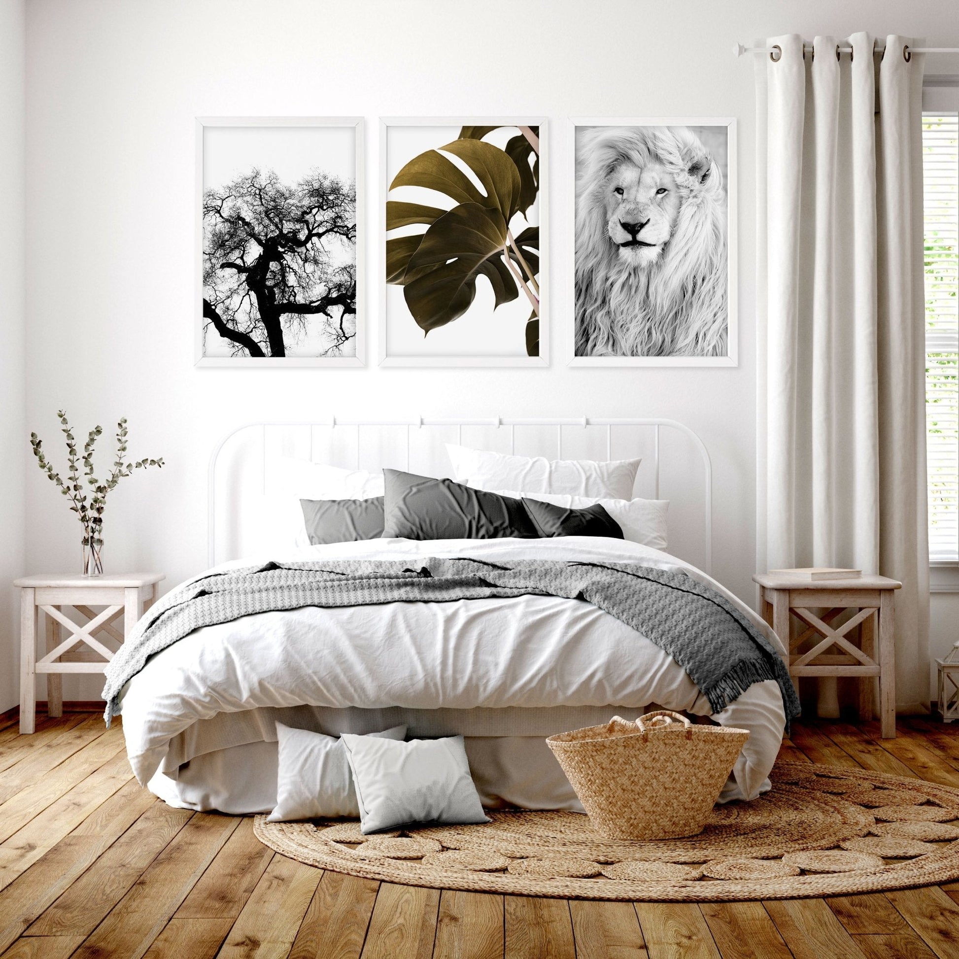 Set of 3 African wildlife wall art prints for bedroom decor by About Wall Art, featuring animals in natural habitat.