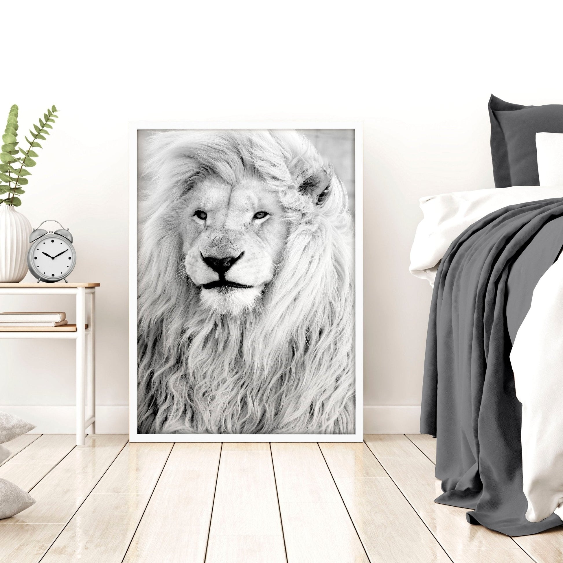 Set of 3 African wildlife wall art prints by About Wall Art, featuring bedroom decor with vibrant animal illustrations.