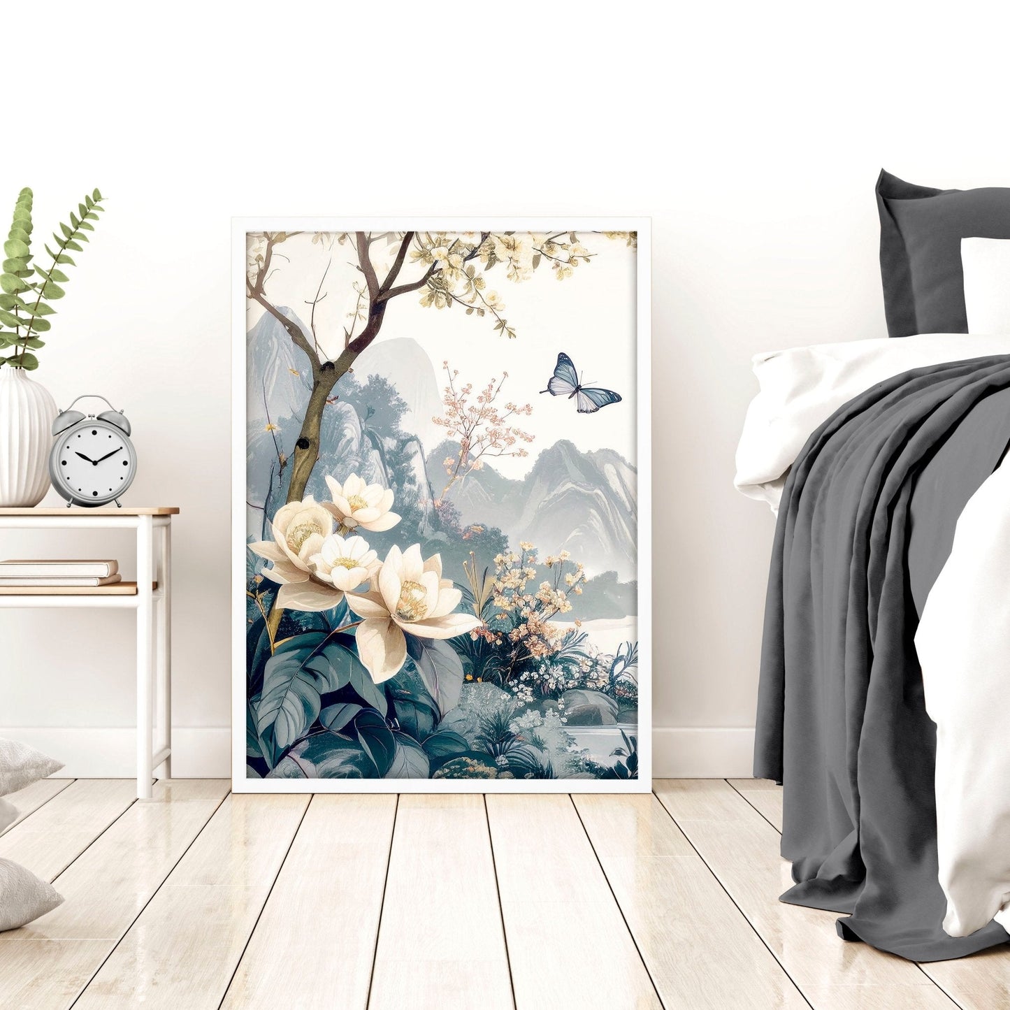 Set of 3 Chinoiserie wall art prints for bedroom decor, featuring elegant Asian-inspired design and intricate patterns.