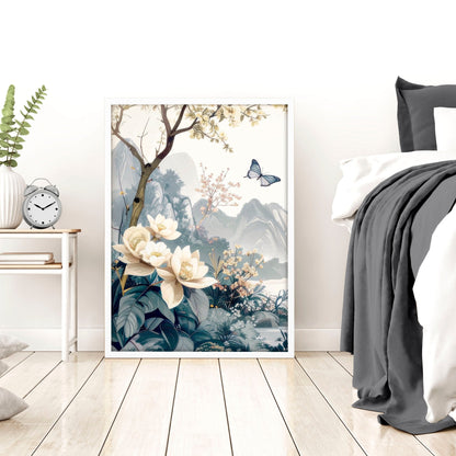 Set of 3 Chinoiserie wall art prints for bedroom decor, featuring elegant Asian-inspired design and intricate patterns.