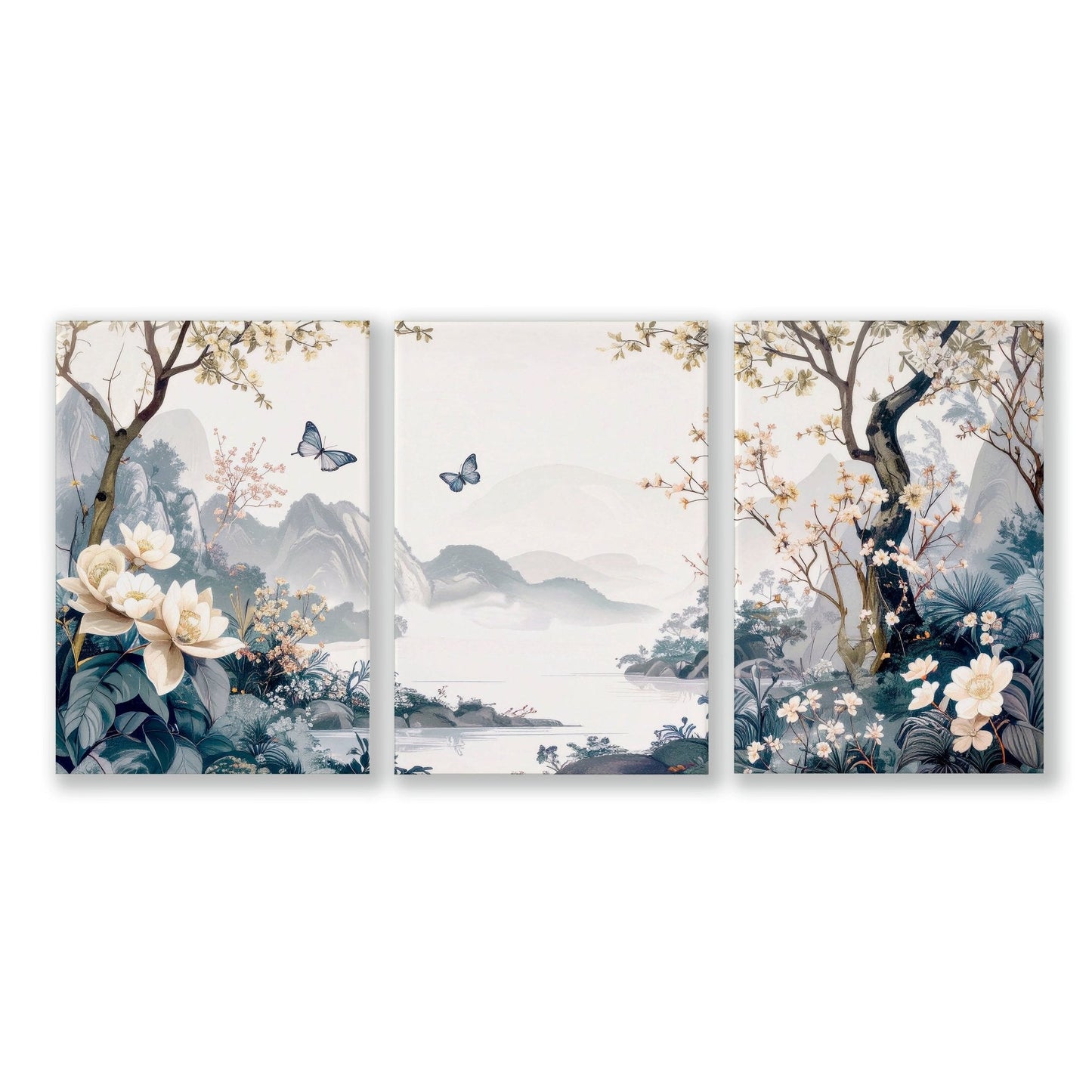 Set of 3 Chinoiserie wall art prints for bedroom decor by About Wall Art, featuring elegant, decorative bedroom wall pictures.
