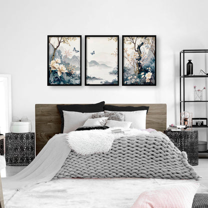 Set of 3 Chinoiserie wall art prints for bedroom decor, featuring elegant Asian-inspired designs by About Wall Art.