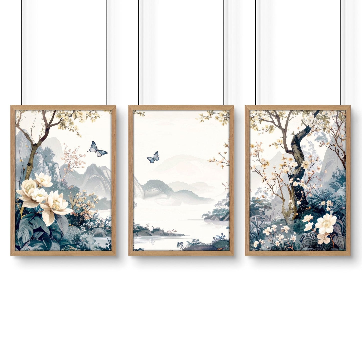 Set of 3 Chinoiserie wall art prints by About Wall Art, featuring elegant bedroom wall decor with intricate design details.