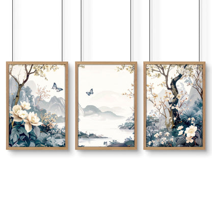 Set of 3 Chinoiserie wall art prints by About Wall Art, featuring elegant bedroom wall decor with intricate design details.