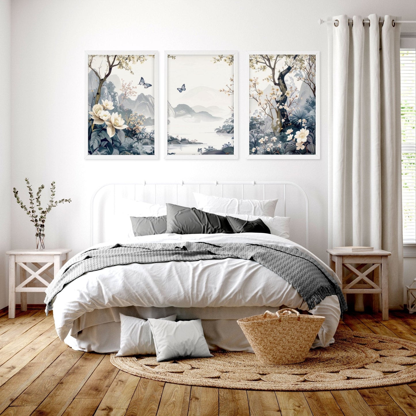 Set of 3 Chinoiserie wall art prints for bedroom decor, featuring elegant, detailed designs from About Wall Art.
