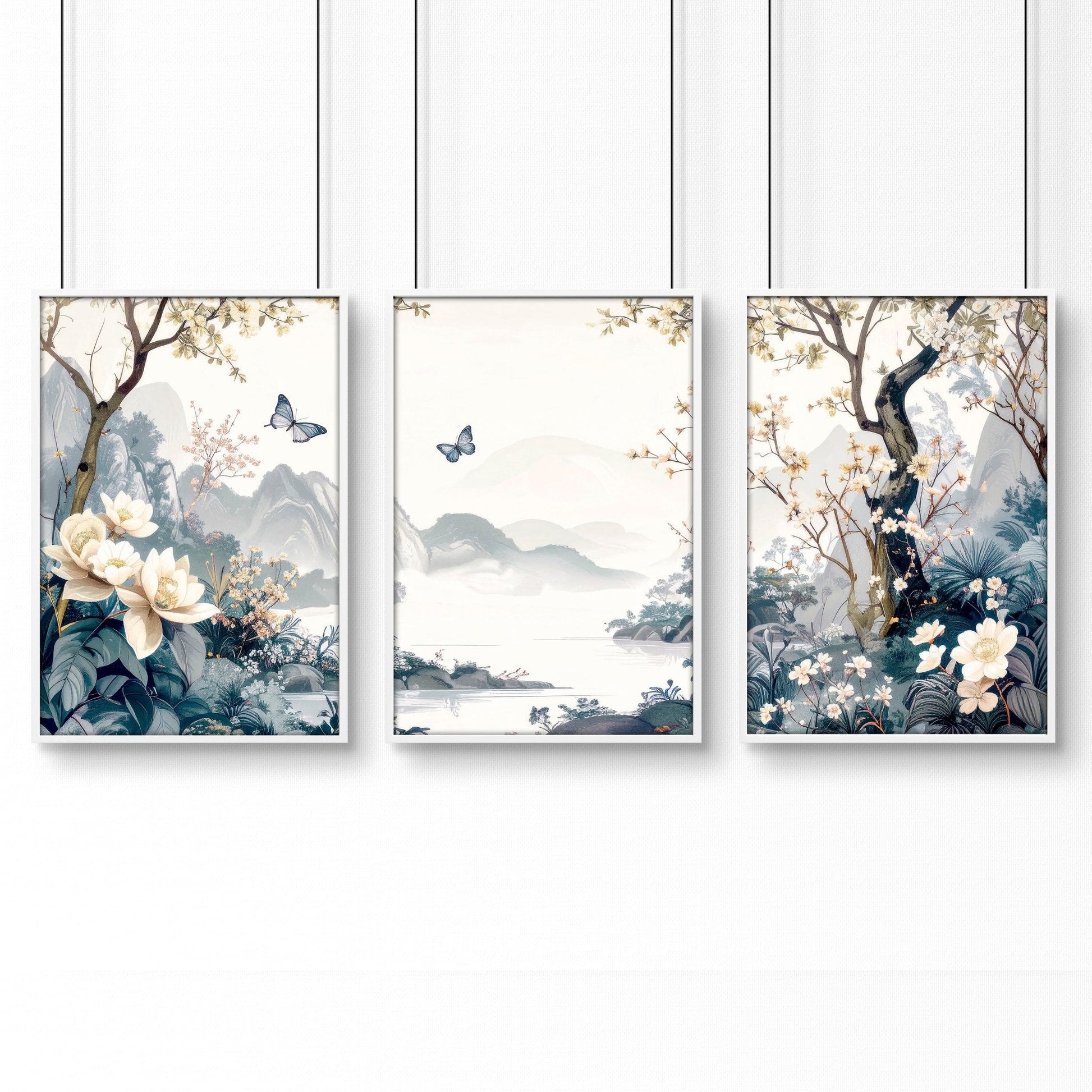 Set of 3 Chinoiserie wall art prints by About Wall Art, featuring elegant bedroom wall decor with intricate Asian-inspired designs.