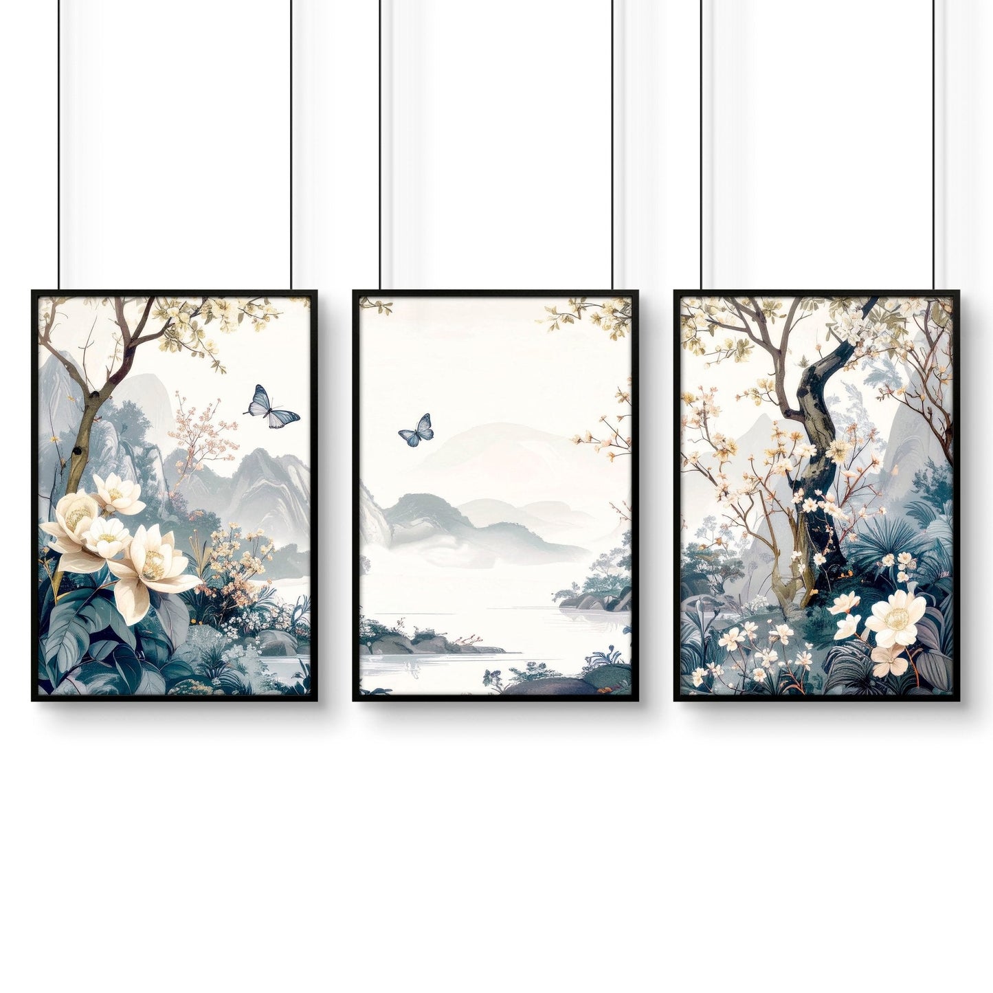 Set of 3 Chinoiserie wall art prints for bedroom decor, featuring elegant Asian-inspired designs from About Wall Art.