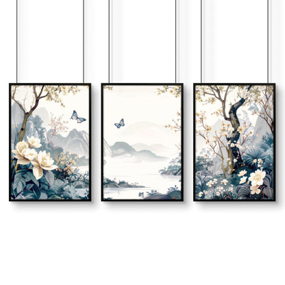 Set of 3 Chinoiserie wall art prints for bedroom decor, featuring elegant Asian-inspired designs from About Wall Art.