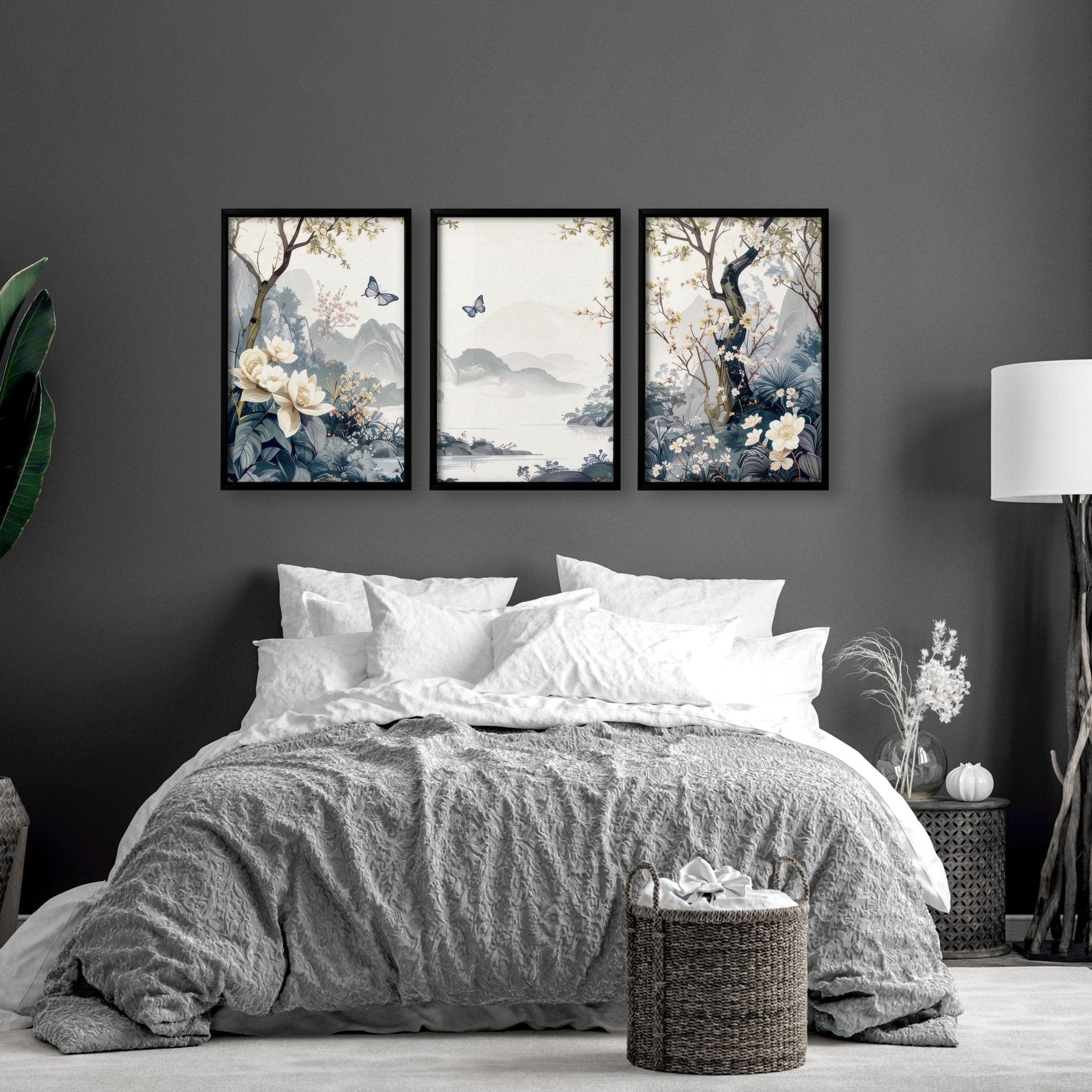Set of 3 chinoiserie wall art prints by About Wall Art, featuring elegant bedroom wall decor with intricate Asian-inspired designs.