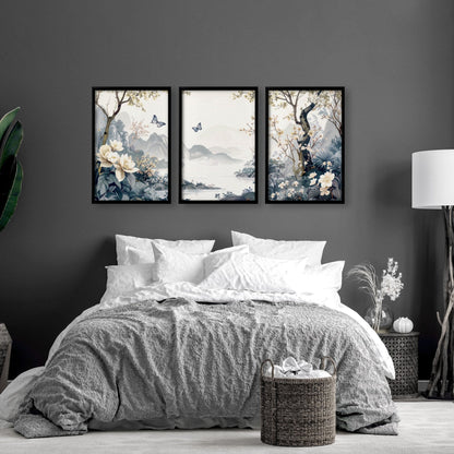 Set of 3 chinoiserie wall art prints by About Wall Art, featuring elegant bedroom wall decor with intricate Asian-inspired designs.