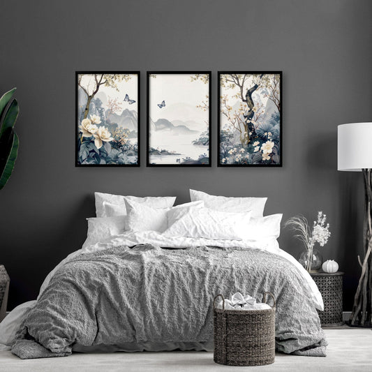 Set of 3 chinoiserie wall art prints by About Wall Art, featuring elegant bedroom wall decor with intricate Asian-inspired designs.