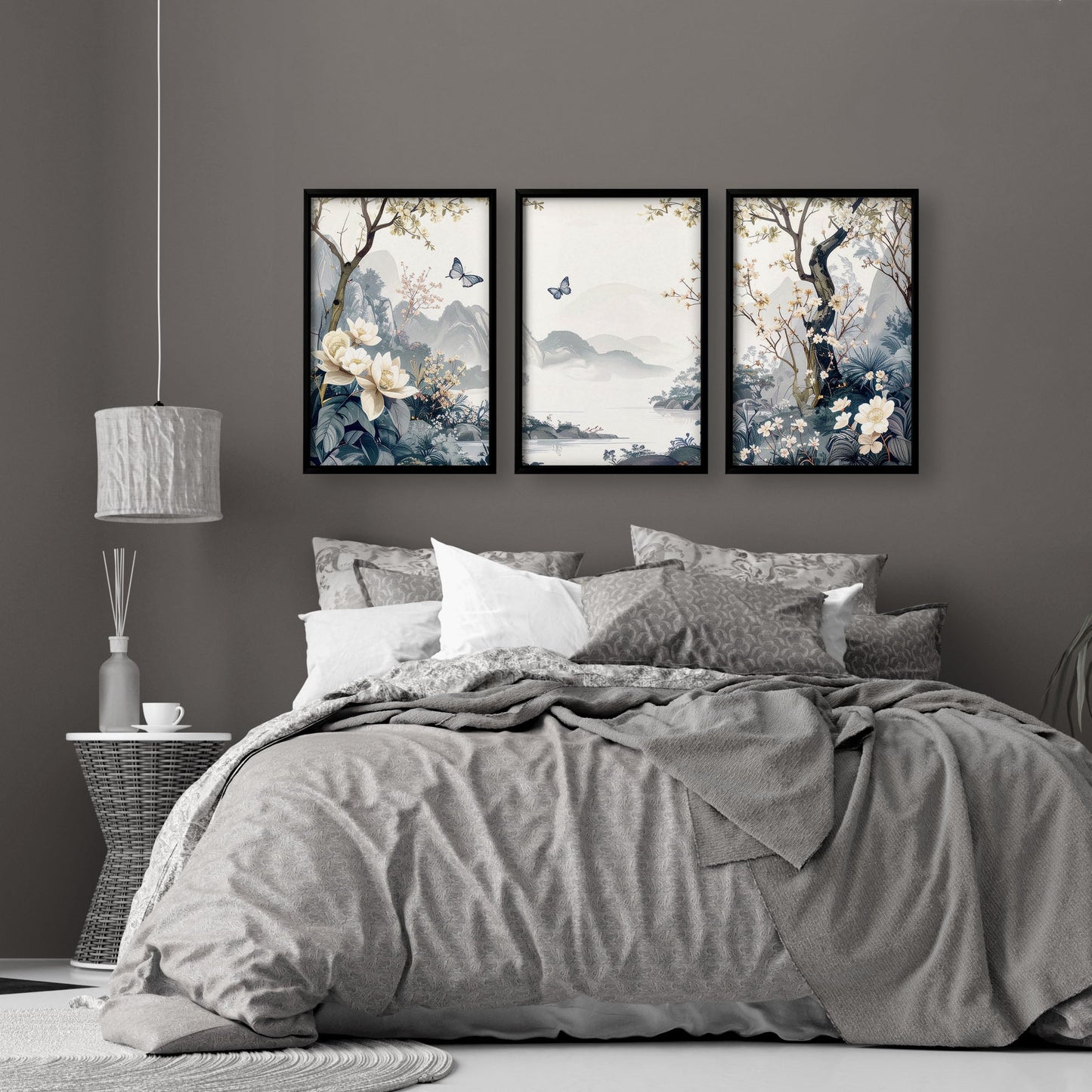 Set of 3 Chinoiserie wall art prints for bedroom decor, featuring elegant Asian-inspired designs from About Wall Art.