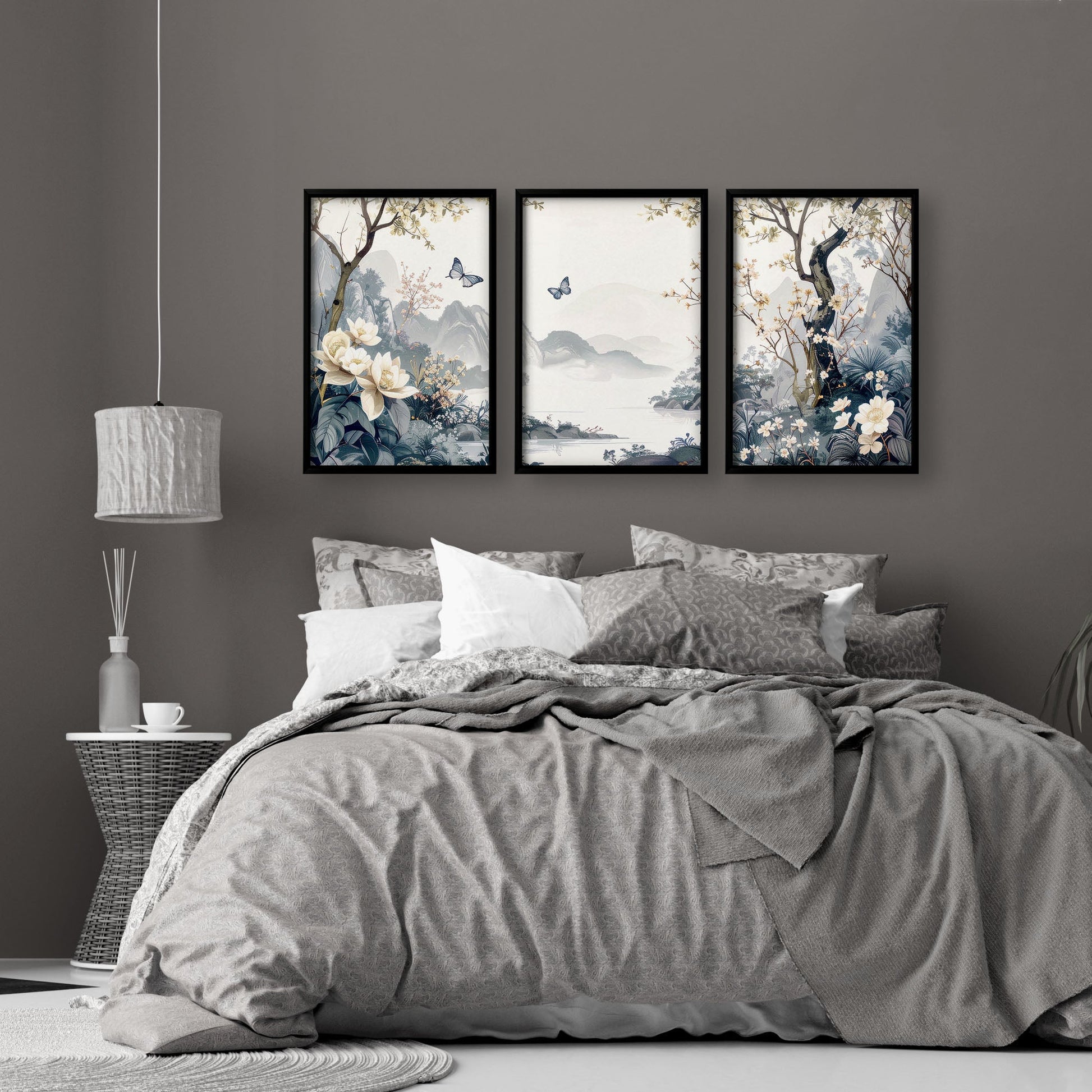Set of 3 Chinoiserie wall art prints for bedroom decor, featuring elegant Asian-inspired designs from About Wall Art.