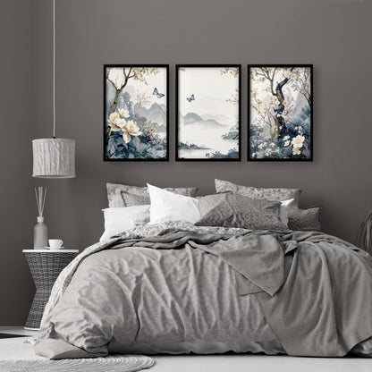Set of 3 Chinoiserie wall art prints for bedroom decor, featuring elegant Asian-inspired designs from About Wall Art.
