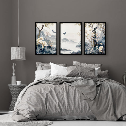 Set of 3 Chinoiserie wall art prints for bedroom decor, featuring elegant Asian-inspired designs from About Wall Art.