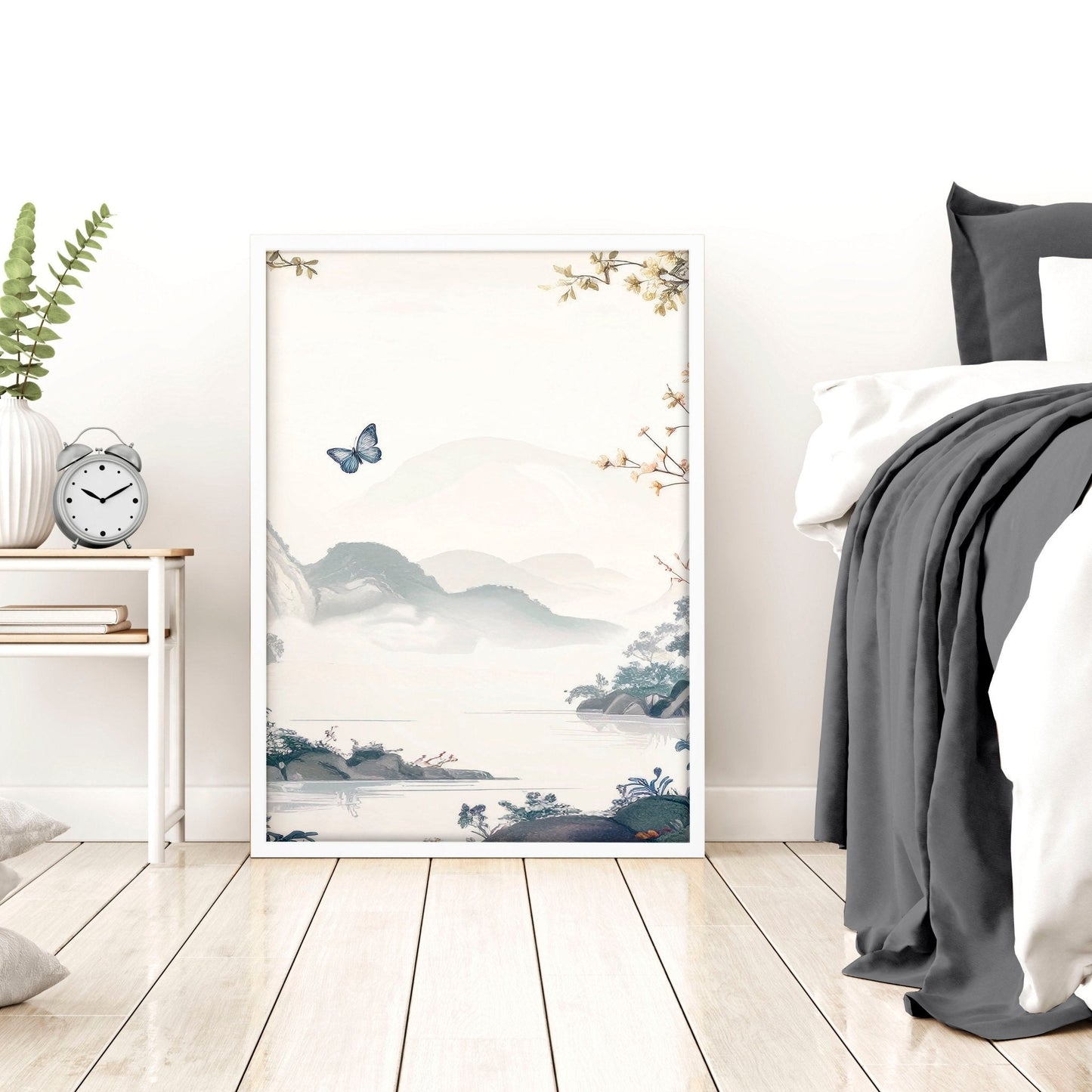 Set of 3 Chinoiserie wall art prints for bedroom decor by About Wall Art, featuring elegant, decorative design for stylish bedroom walls.