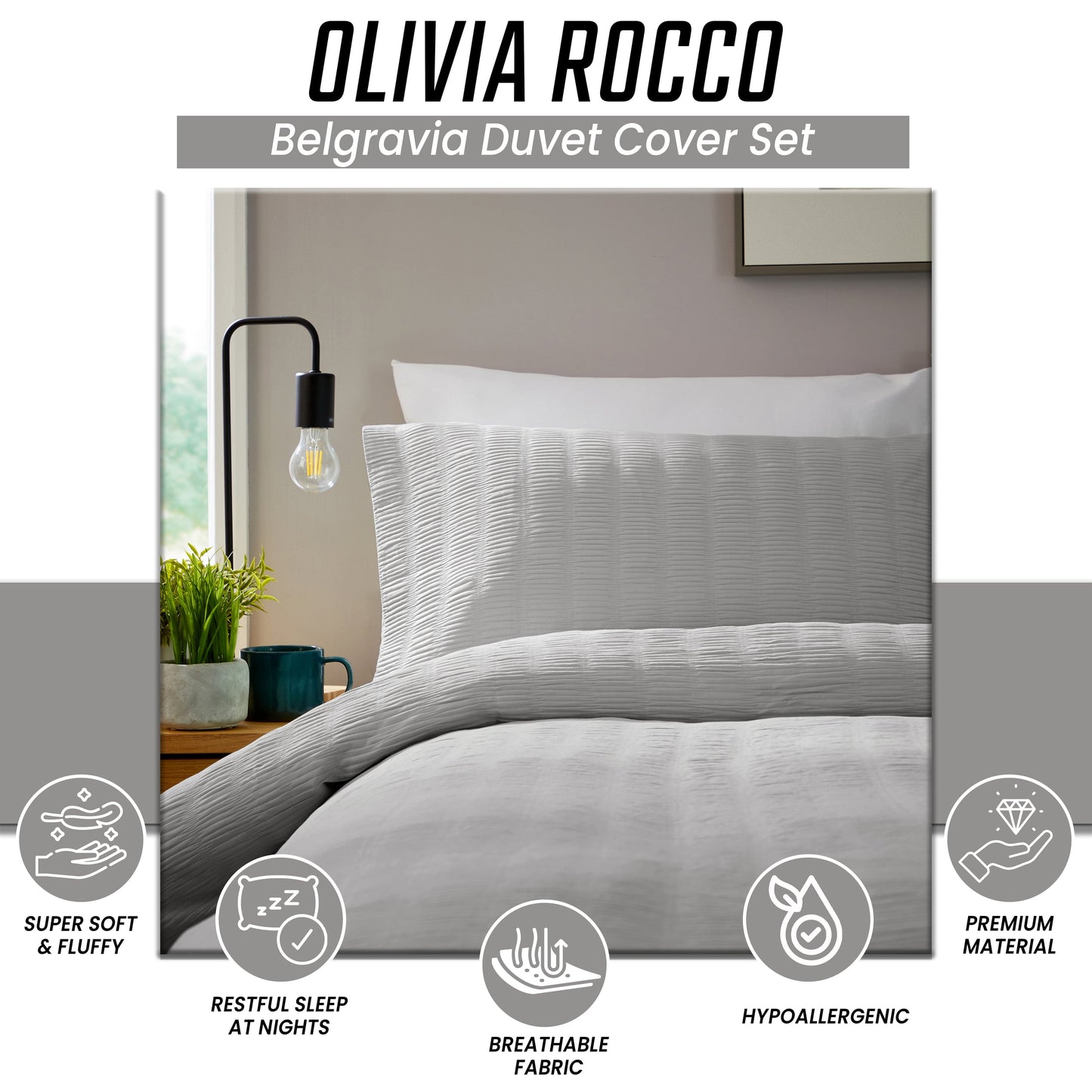 OLIVIA ROCCO Belgravia Grey Microfibre Duvet Cover Set with matching pillowcases, soft, easy care modern quilt bedding.