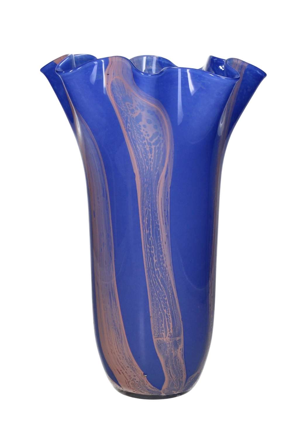 Blue twist glass vase with scalloped edges by Casa Josephine Jenno, featuring a sleek, modern design for floral arrangements.