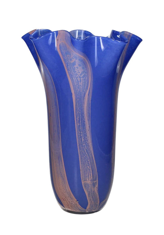 Blue twist glass vase with scalloped edges by Casa Josephine Jenno, featuring a sleek, modern design for floral arrangements.