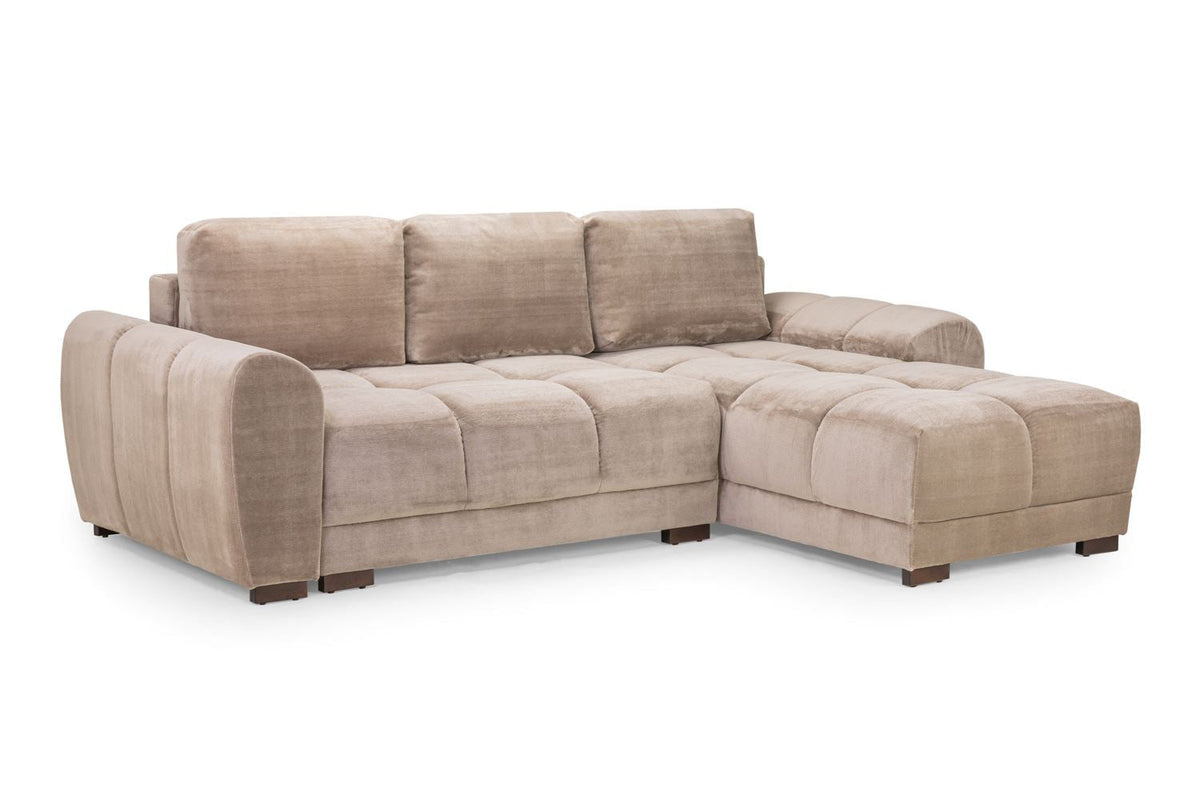Azzuro Universal Corner Sofabed in plush velvet with convertible design and built-in storage, shown as a stylish corner sofa.