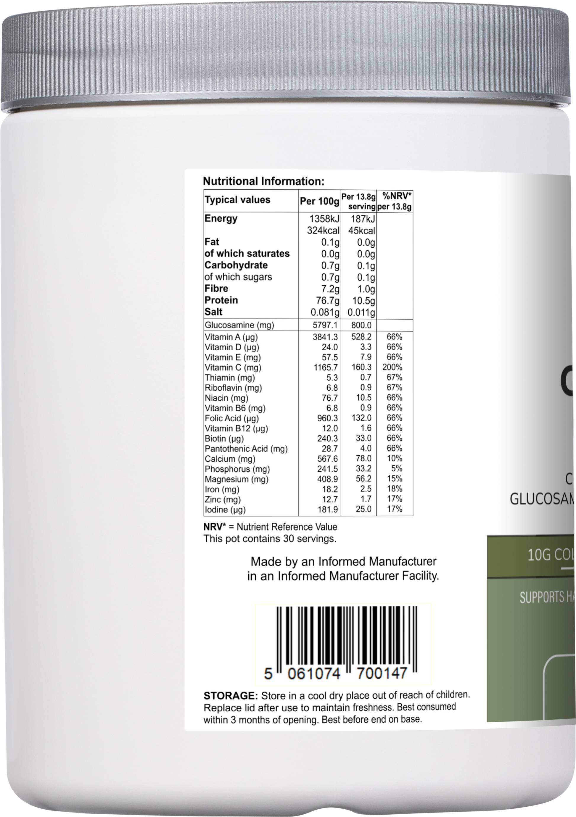 Vitadefence® Collagen Multi orange flavor powder supplement in a 415g container with vitamins, minerals, glucosamine, and collagen.
