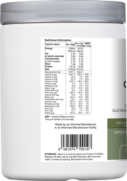 Vitadefence® Collagen Multi orange flavor powder supplement in a 415g container with vitamins, minerals, glucosamine, and collagen.