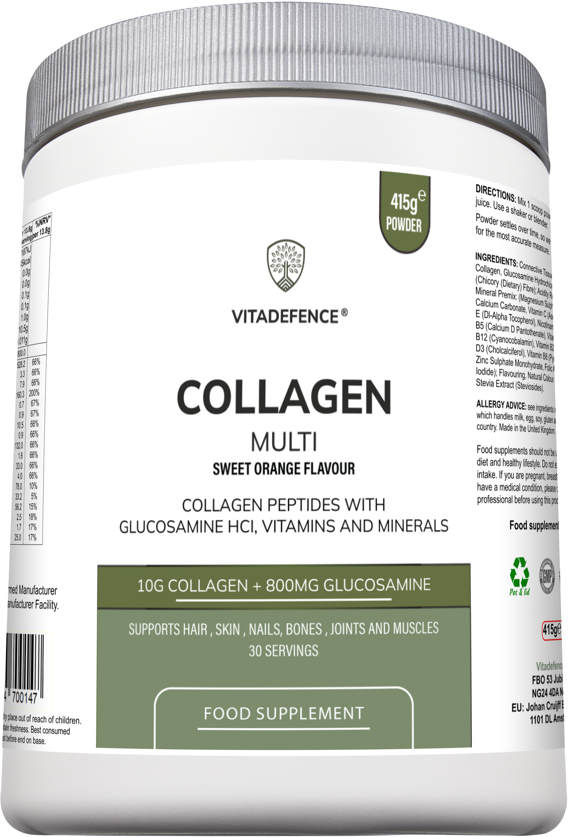 Vitadefence Collagen Multi orange flavored powder supplement in a 415g container, featuring glucosamine, vitamins, and minerals.
